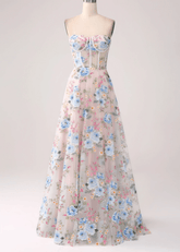 Jocelyn | White Floral A - Line Strapless Corset Long Prom Dress - Price #price_variant_lowest# - White Floral - PromDressClub